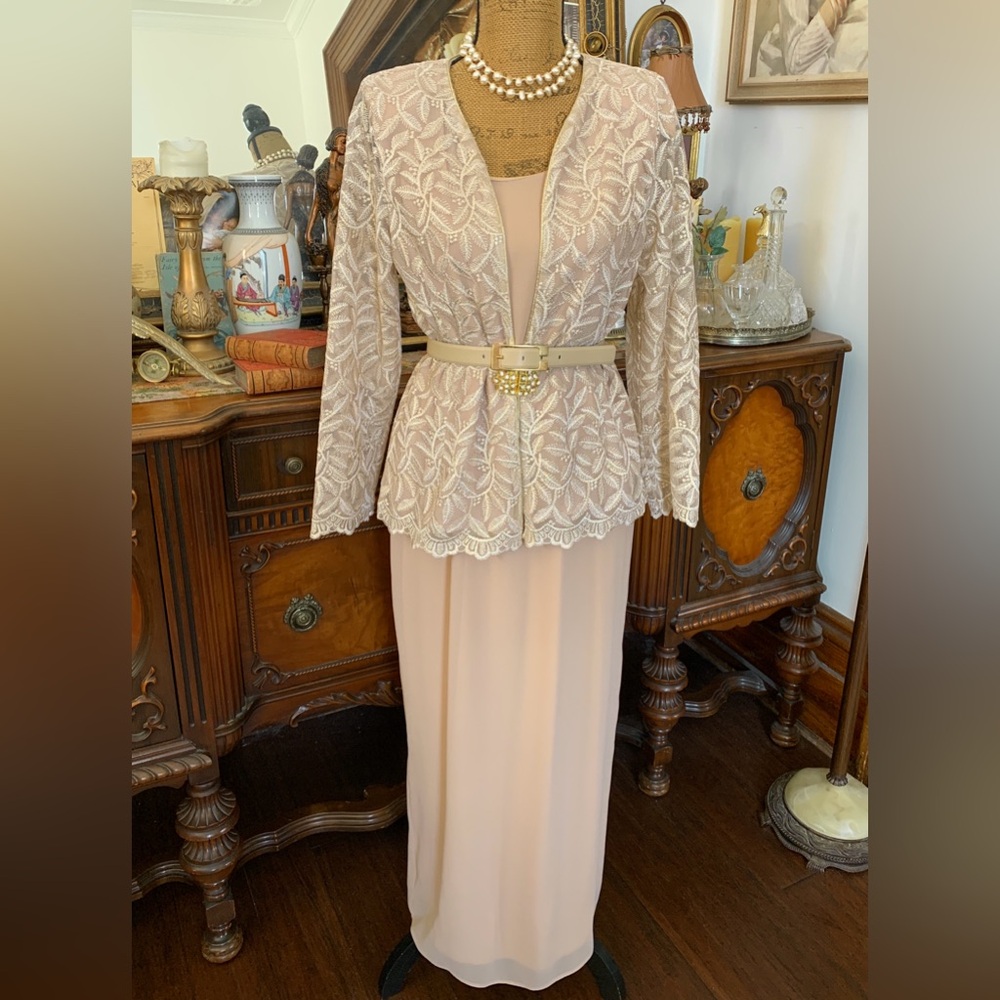 Vintage Boho Mother-of-the-bride Wedding Guest Formal Dress and Lace Blazer Set